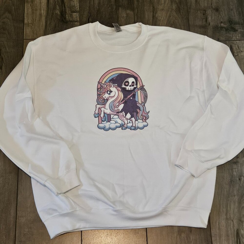 Pastel grim reaper on unicorn sweatshirt